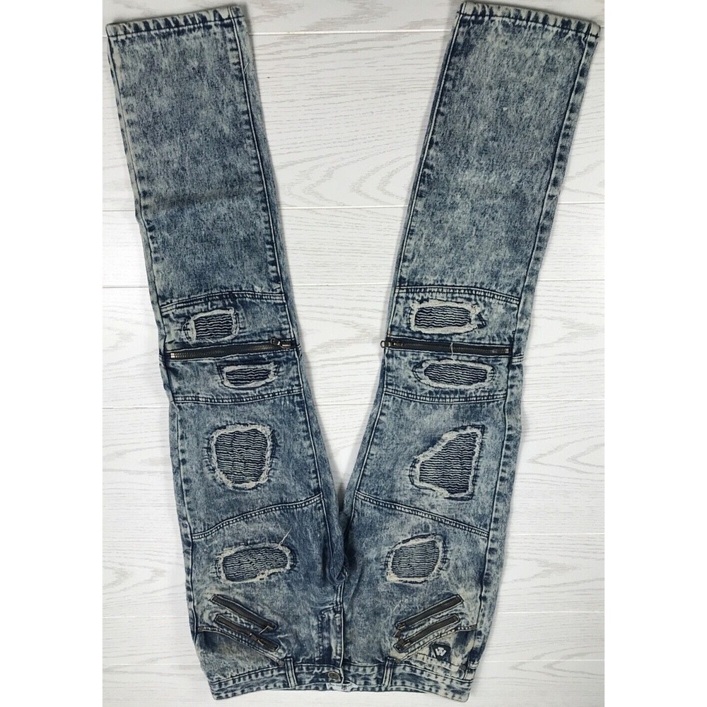 Acid Wash Patchwork Jeans Men 34x32 Blue Uncle Ralph Skinny Tapered Stretch Moto